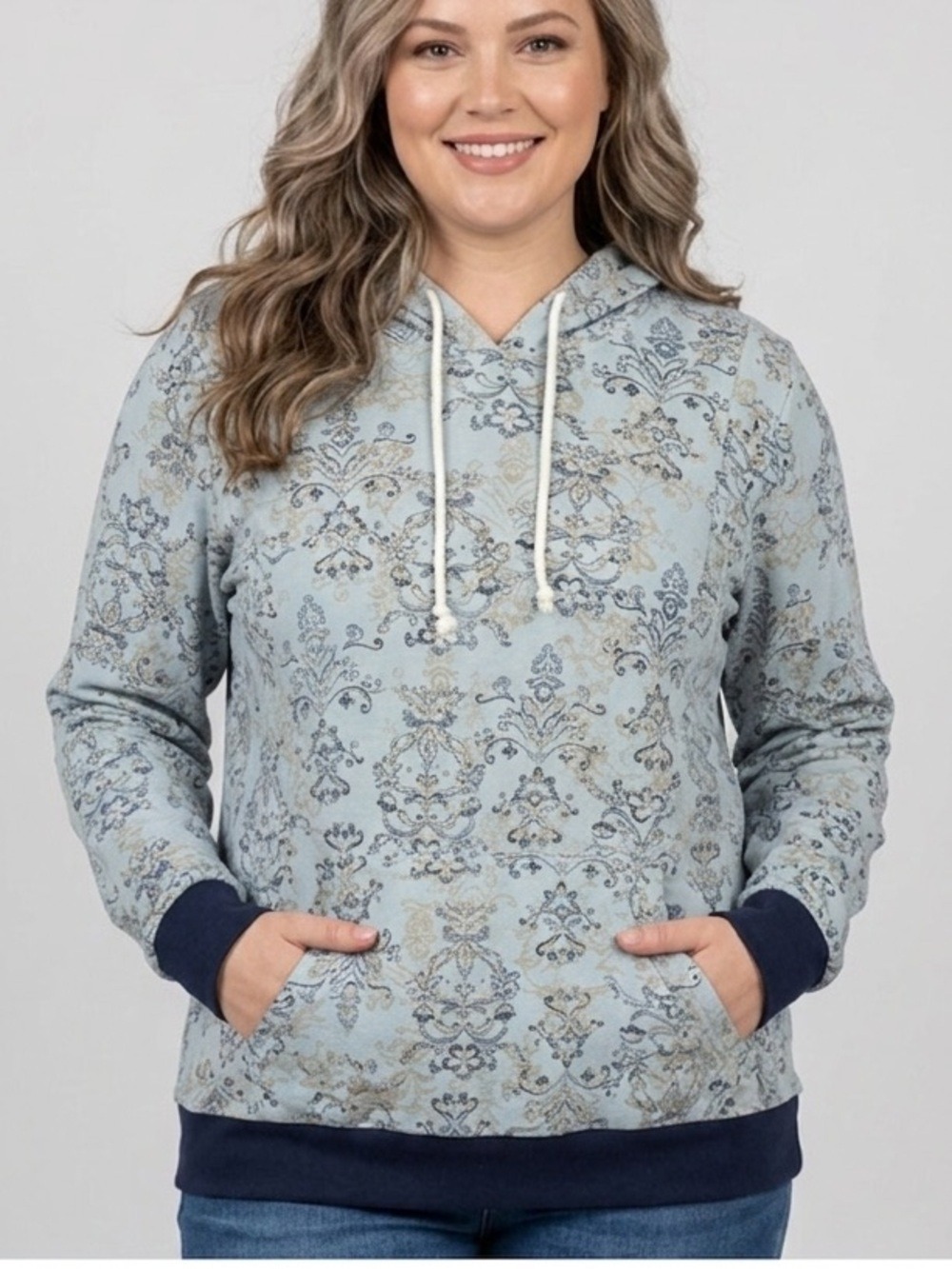 😍SHOW SPECIAL - Bearsland Blue White Floral Kangaroo Pouch Hoodie XL